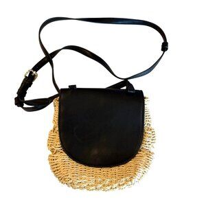 Faux Leather Straw Crossbody Bag Black Beige Adjustable Strap Magnetic Closure